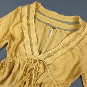 Free People FP One Peasant Boho Tie Front Top M Yellow Woven Lace Trim